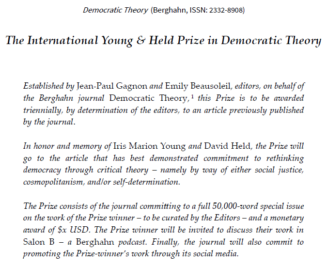Something special is coming for someone special this December 1. The journal, Democratic Theory, has established an international prize in democratic theory to celebrate its 10th year of publication. @DemTheory @berghahnbooks