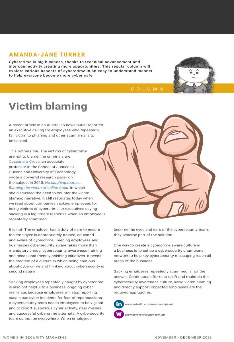 empressbat's tweet photo. My latest #cybercrime column quotes the amazing @DrCassCross 
As I discuss victim blaming
https://t.co/FcyJY3RZj5 https://t.co/JkwmbI9yUZ