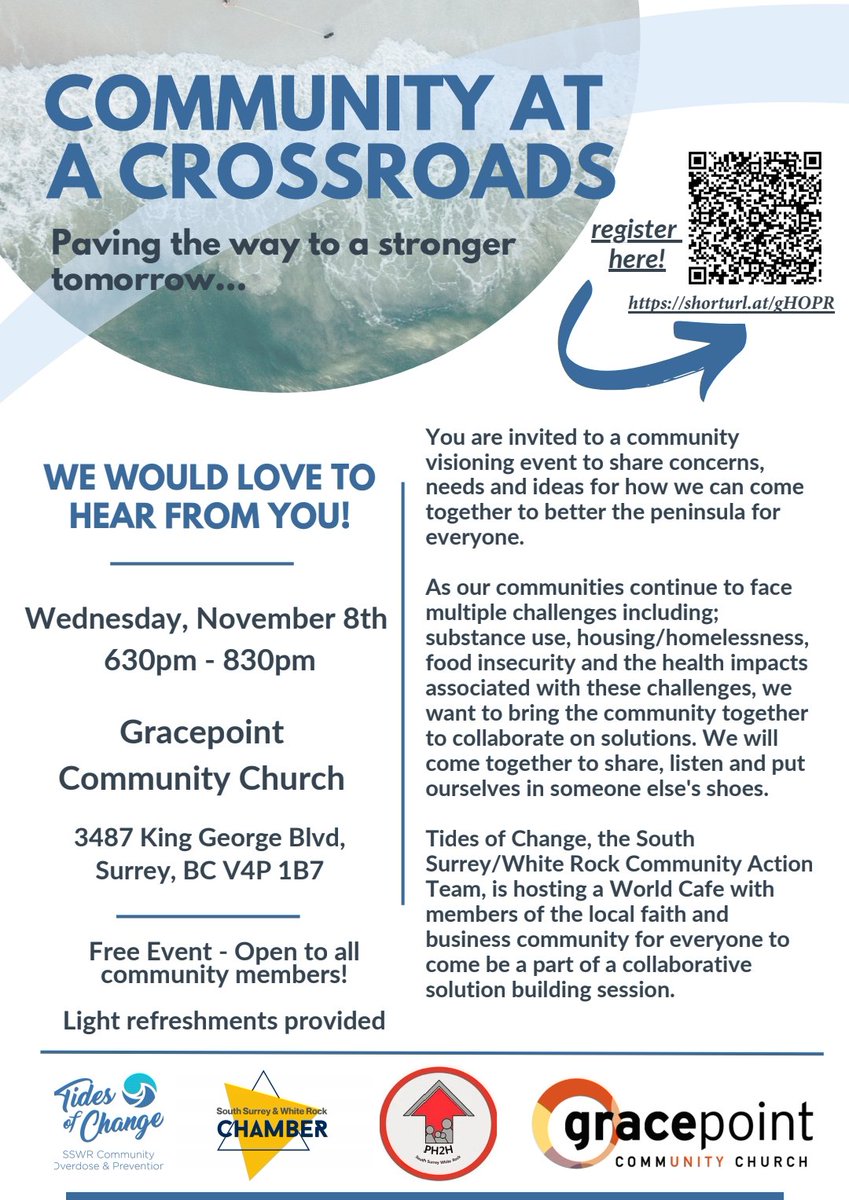 Join <a href="/Ph2h_/">PH2H Peninsula Homelessness to Housing Task Force</a>  @sswrchamber  <a href="/gracepointca/">Gracepoint Church</a> this Wednesday Nov 8 at 630pm for a FREE Community World Cafe where we come together to find collaborative solutions to challenges facing all members of the community.
#SurreyBC #surrey #cityofsurrey #whiterock #sswr