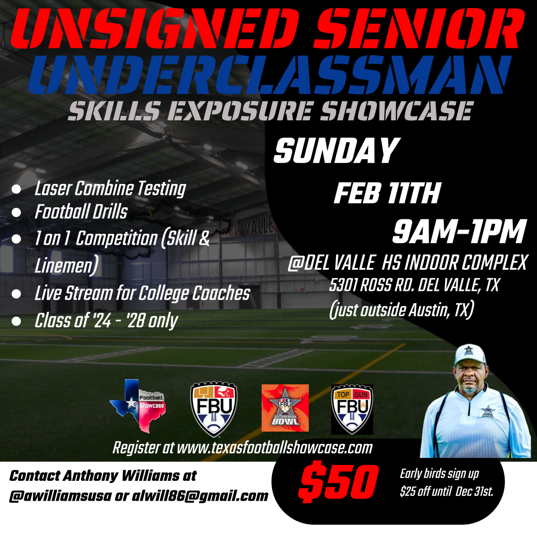 🚨Exposure Opportunity🚨
'24 unsigned seniors mark your calendar.   
'25-'28 underclassmen get an early jump on the new recruiting cycle. 
All players will get verifiable laser testing, football drills and 1 on 1 competition 
Reg. page opens soon! 
<a href="/coach_awood/">Anthony Wood</a>