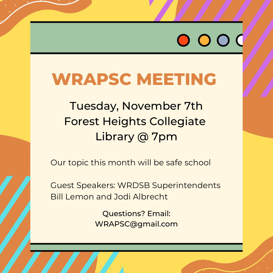 WRAPSC_WRDSB's tweet image. Join WRAPSC this Tuesday to discuss “safe schools”. We will be joined by Superintendents  Bill Lemon and Jodi Albrecht. Come take part in our member discussion on how school councils can help contribute to safe schools. 
#WRDSB #SchoolCouncil #WRAPSC #PIC #PICWRDSB #SafeSchool