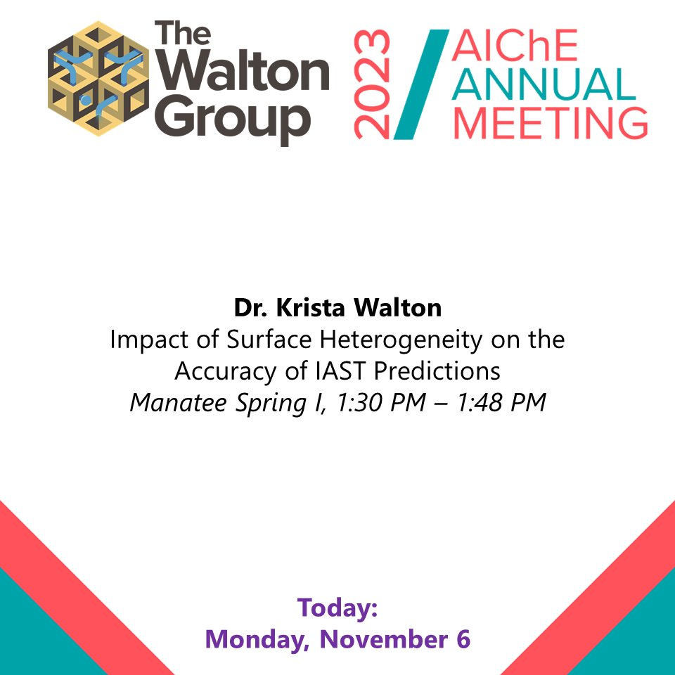 Day 2 of #AIChE2023: Dr. Krista Walton will be presenting on behalf of @LukasBingel about increased IAST prediction accuracy on MOFs with more energetic surface heterogeneity. Looking forward to seeing you all! @KristaWalton @Yu_Zhenzi #AIChEAnnual