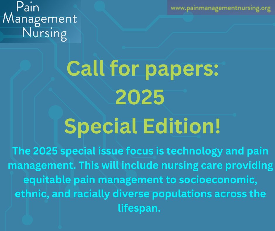 Pain Management Nursing (@pmn_journal) on Twitter photo Call for submissions for 2025 Special Edition!
For questions, please contact:
Dr. Cecile Evans: cecileevansphd@gmail.com
Dr. Barbara St. Marie: barbara-stmarie@uiowa.edu
#technology #Biofeedback #nursetwitter #AI #nursescientist #pain #VR #virtualreality #simulation #Telehealth Call for submissions for 2025 Special Edition!
For questions, please contact:
Dr. Cecile Evans: cecileevansphd@gmail.com
Dr. Barbara St. Marie: barbara-stmarie@uiowa.edu
#technology #Biofeedback #nursetwitter #AI #nursescientist #pain #VR #virtualreality #simulation #Telehealth
