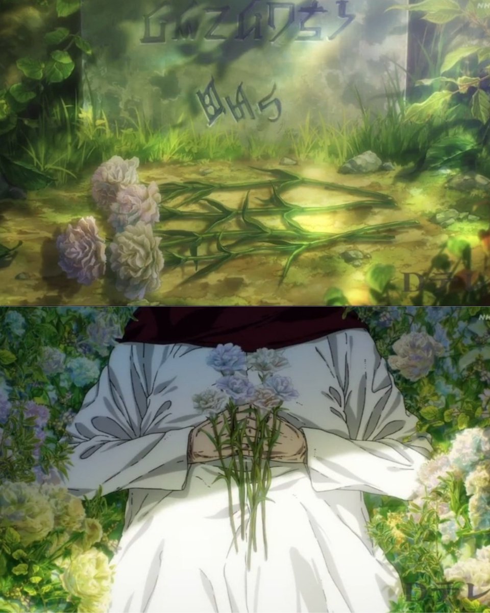 sunflowles's tweet photo. I think Mikasa is really buried right next to Eren’s grave, the ED shows that Mikasa wakes up and there is Eren holding her hand by her side. ♥️ #shingeki #eremika https://t.co/vktFX1Lekf