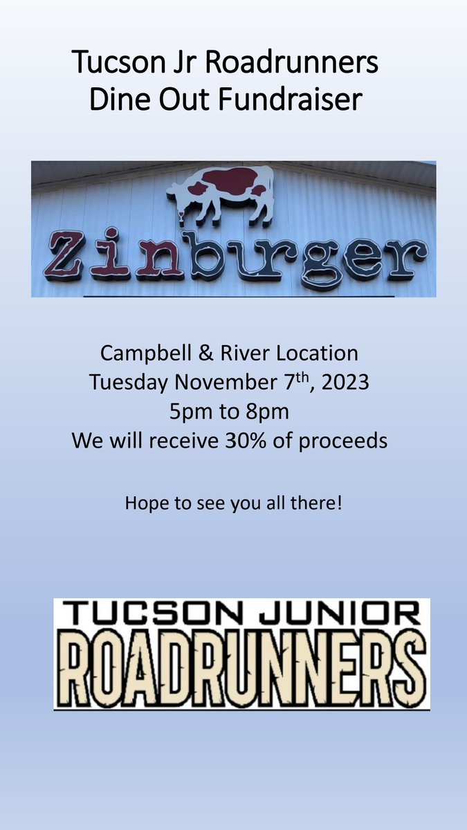 JrRoadrunners's tweet photo. Stop By Zinburger on Tuesday, November 7th from 5-8pm. Mention Tucson Junior Roadrunners or show them the flyer and the organization will receive 30% proceeds! See you all there. https://t.co/sYYXlhSmWC