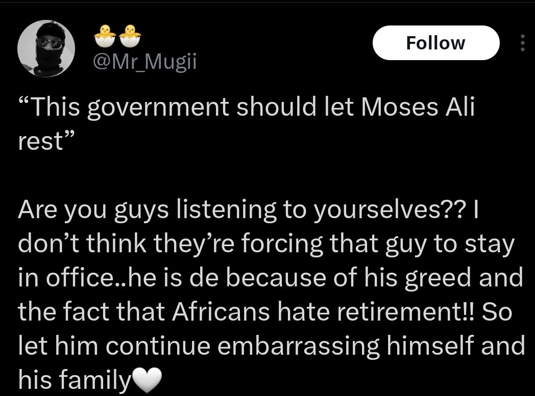 thetimeline256's tweet photo. TRENDING::
"LET HIM REST"- Netizens cry out to @GovUganda to releave the Second deputy prime minister, Moses Ali of his duties after 2nd viral video of him in what they've termed as distressing condition  surfaces. 👇🏾 https://t.co/tIH7AaR4C8