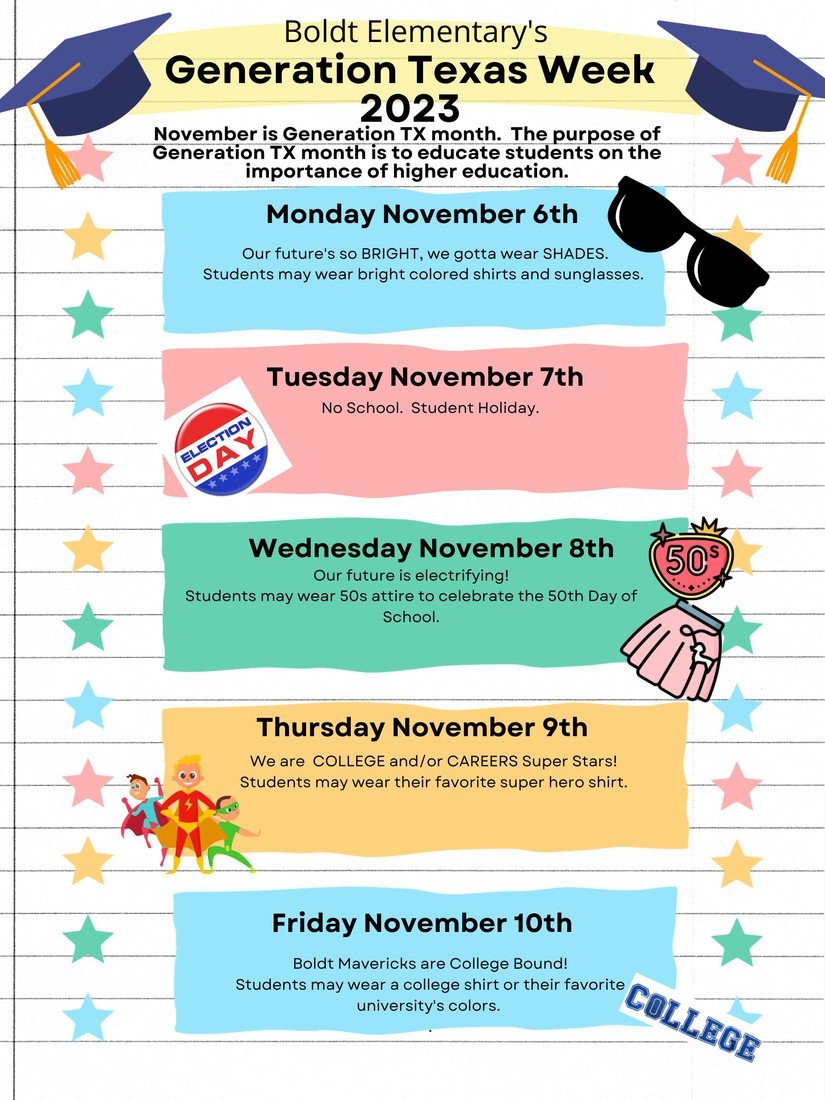 Boldt Elementary (@nisdboldt) on Twitter photo November is Generation TX month. The purpose of Generation TX month is to educate students on the importance of higher education.
Join in the FUN as we celebrate and educate our magnificent Mavalorians! 😍
<a href="/BoldtCounseling/">NISD_BoldtCounseling</a> November is Generation TX month. The purpose of Generation TX month is to educate students on the importance of higher education.
Join in the FUN as we celebrate and educate our magnificent Mavalorians! 😍
<a href="/BoldtCounseling/">NISD_BoldtCounseling</a>