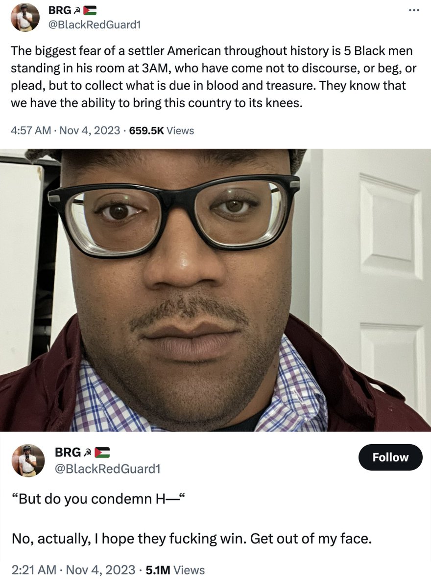 MrAndyNgo's tweet photo. "...to collect what is due in blood and treasure."

Christopher Edward Winston, of St. Louis, Mo., is a communist & DSA @DemSocialists member who outlines why the far-left like him support Hamas. They want violent "decolonization" and terrorism to succeed against Israel so that it will inspire the far-left to carry out terrorist attacks domestically in the U.S. 

2020's BLM-Antifa George Floyd riots was a training exercise.