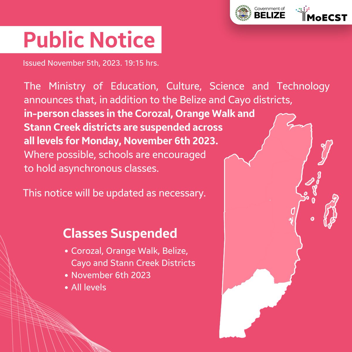 belizemoest's tweet image. 📌🚸 𝗠𝗼𝗘𝗖𝗦𝗧 𝗔𝗻𝗻𝗼𝘂𝗻𝗰𝗲𝘀 𝗙𝘂𝗿𝘁𝗵𝗲𝗿 𝗦𝘂𝘀𝗽𝗲𝗻𝘀𝗶𝗼𝗻 𝗼𝗳 𝗖𝗹𝗮𝘀𝘀𝗲𝘀 𝗶𝗻 𝗖𝗼𝗿𝗼𝘇𝗮𝗹, 𝗢𝗿𝗮𝗻𝗴𝗲 𝗪𝗮𝗹𝗸 𝗮𝗻𝗱 𝗦𝘁𝗮𝗻𝗻 𝗖𝗿𝗲𝗲𝗸 𝗗𝗶𝘀𝘁𝗿𝗶𝗰𝘁𝘀