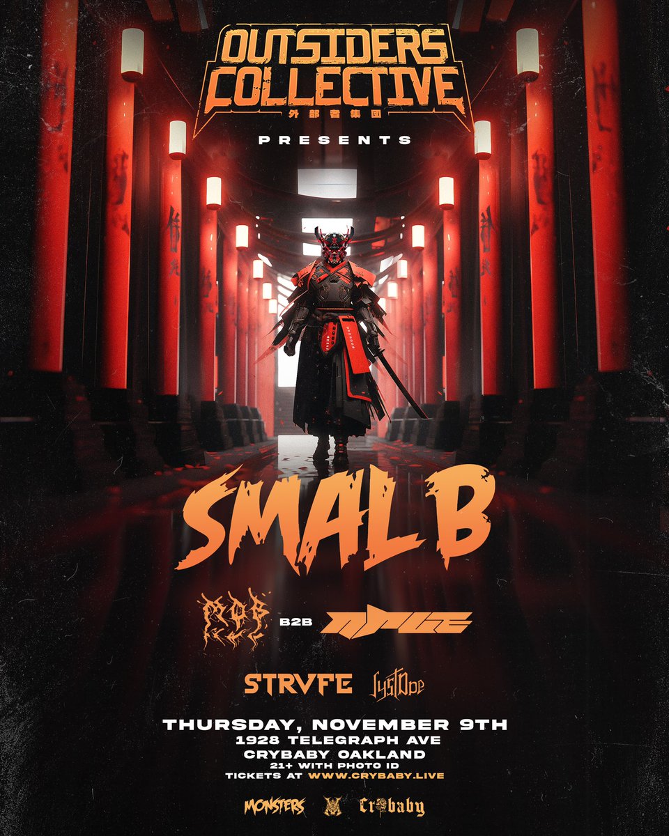 Yoooooo!! This Thursday I’ll be opening up for <a href="/SMALB_MONSTERS/">SMAL B</a> <a href="/crybabyoakland/">The Litty Commitee</a> 😤

Massive shoutout to #outsiderscollective for adding me to this massive lineup 🙏🏼

5$ Pre sale  Tickets down below 👇 

ticketweb.com/event/outsider…

#monstersdubstep #smalb #monstersuk #oaklandca