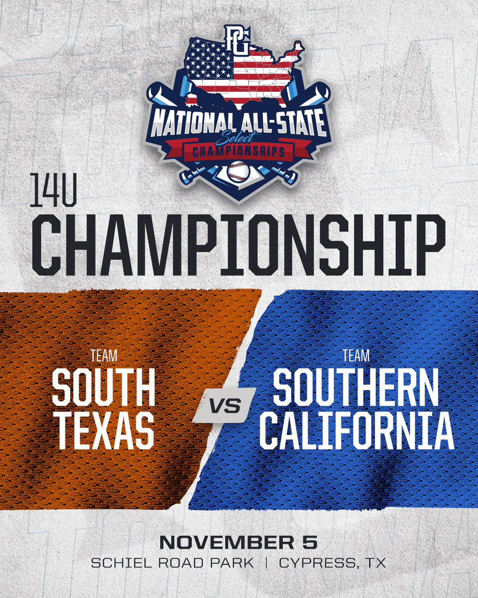 The 14U #NatAllState Championship matchup is LOCKED IN! 

South Texas &amp; Southern California square off for the crown! 👑 

Who you got?