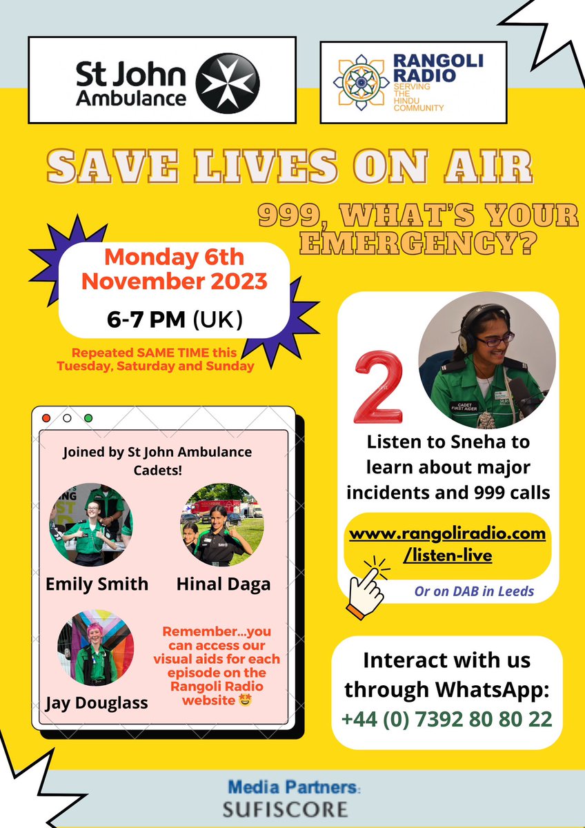999, What’s Your Emergency? 

Second episode of Save Lives On Air is LIVE today 6-7pm!

Listen in - rangoliradio.com/listen-live

✨Repeated Tuesday, Saturday and Sunday same time✨

<a href="/stjohnambulance/">St John Ambulance England</a> <a href="/RadioRangoli/">RangoliRadio</a> #RangoliRadio #SpeakUpToSaveLives