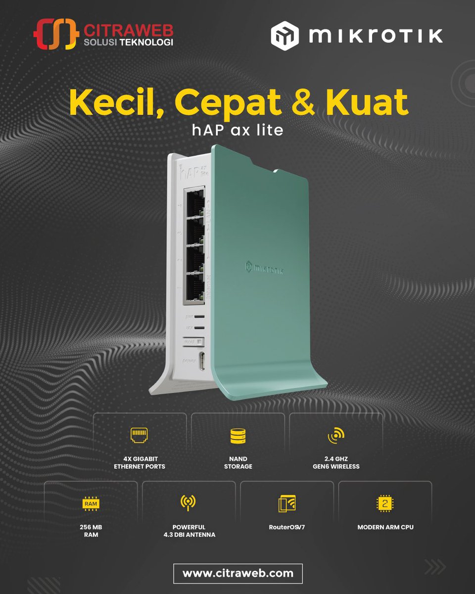 mikrotik_id's tweet photo. KECIL, CEPAT, dan KUAT!
hAP ax lite (L41G-2axD) merupakan generasi terbaru Router Wireless 2.4GHz dengan teknologi Gen6 AX yang sudah hadir dan bisa anda dapatkan melalui Website & Marketplace Toko Citraweb
🛒https://t.co/mf6NGcw66m
#hAPaxLite #MikroTik #Wireless #hAP #Citraweb https://t.co/44qX8Rwluy