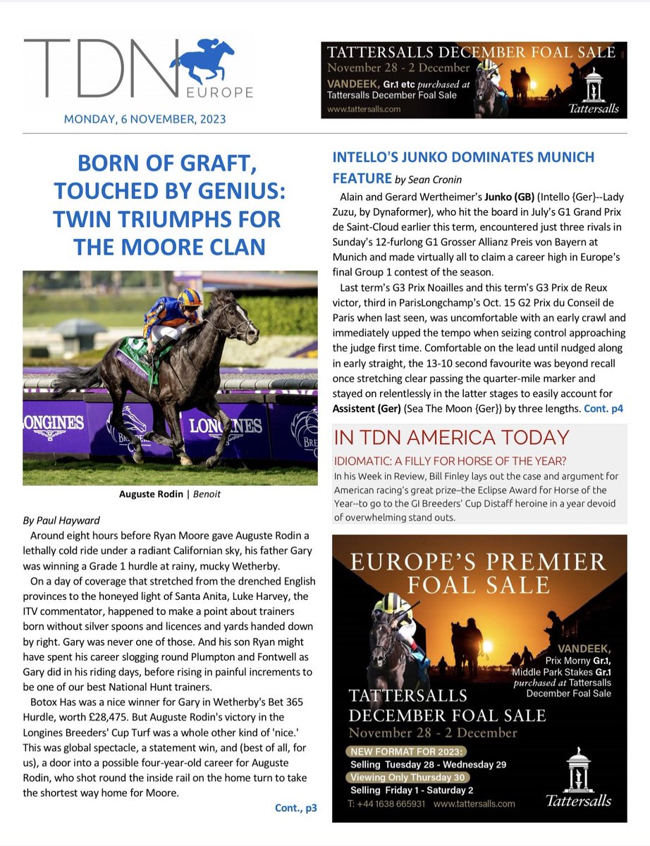 theTDN's tweet image. 🔹 Born of graft, touched by genius! Paul Hayward’s column reflects on the hardworking Moore family 
🔹 Intello’s Junko dominates in the final G1 of the year 

Read today’s TDN Europe ➡️ thoroughbreddailynews.com/pdf/tdn/tdn231…