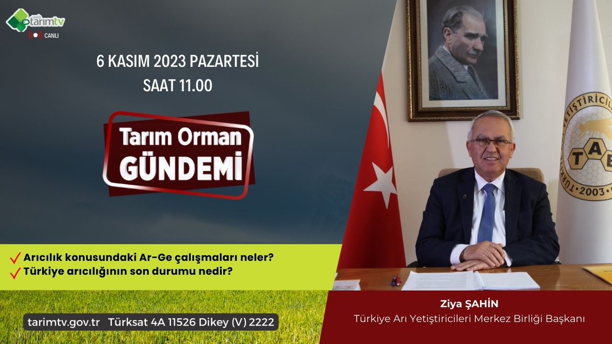 tabmerkez's tweet photo. Genel Başkanımız Ziya Şahin, Tarım TV'de saat 11.00'de "Tarım Orman Gündemi" programının canlı yayın konuğu olacak.
#canliyayin #live #agriculturenews 
@tarimtv @TCTarim @ibrahimyumakli @Ziya_sahin48 @kocanebi @habipasan73 https://t.co/hwScJWrYzp