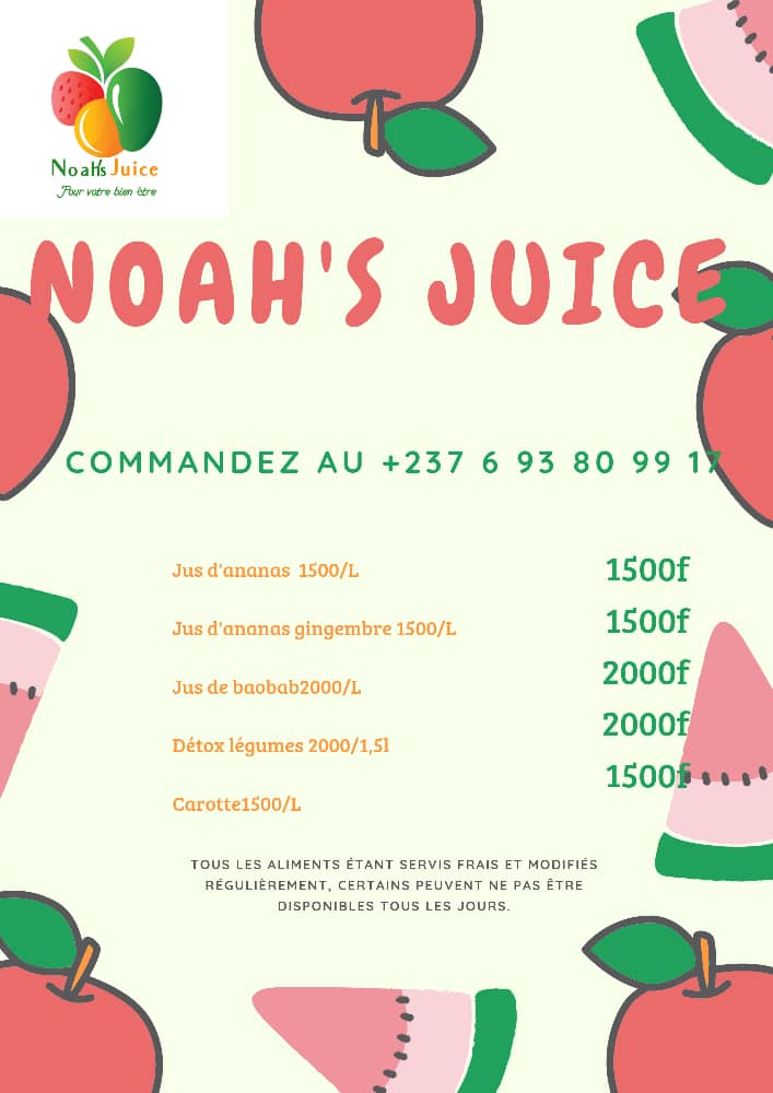 Merci de Rt 🙏🏾
Solide ou liquide Noah's juices concocte pour vous des blankette de fruits, des salades et des boissons naturelles à base de fruits et de légumes 🥒🍉🍍🍏🍏🍇🍎🥦