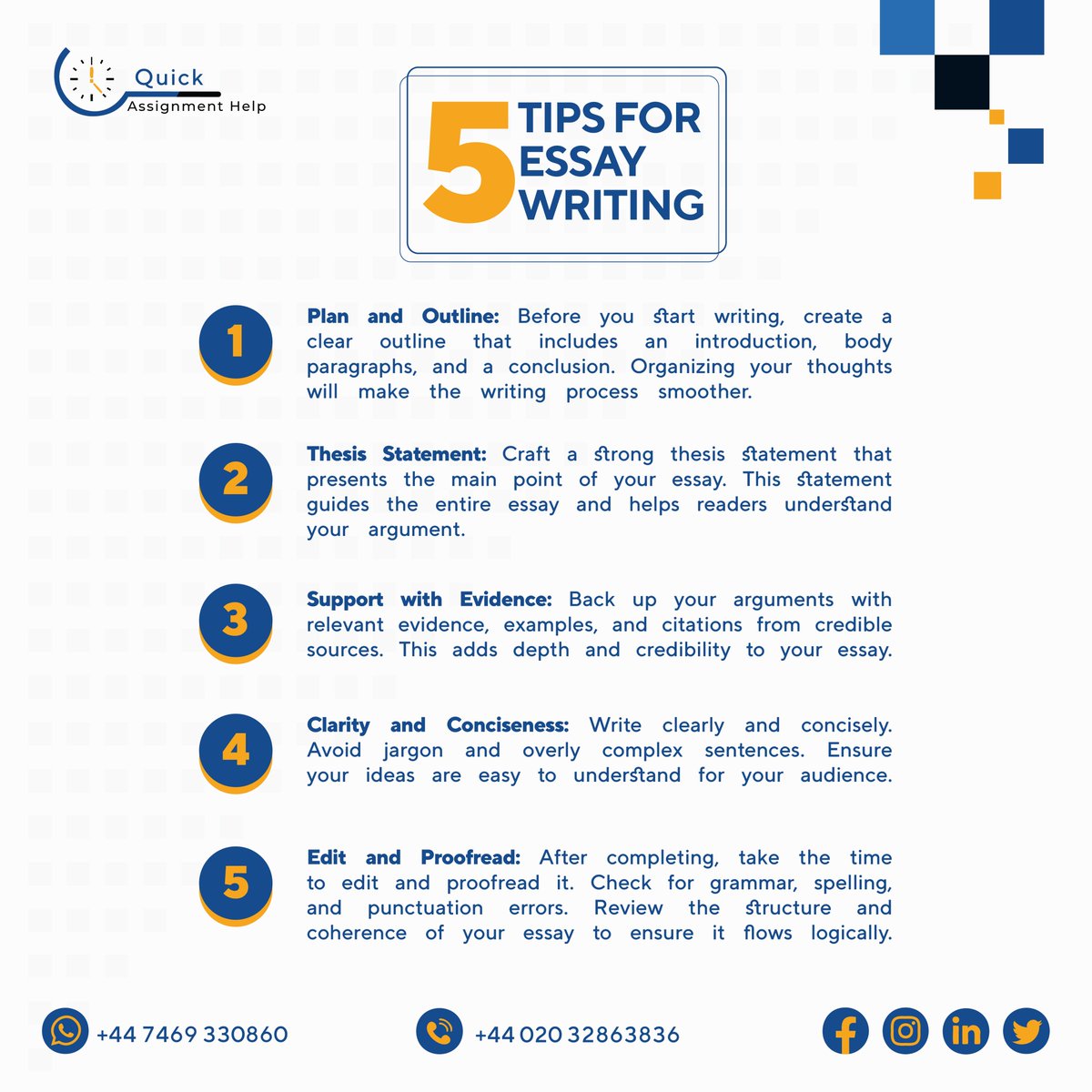 quikassignment's tweet image. Master the Art of Essay Writing with these proven tips!
#essaywriting #tips #quickassignmenthelp #qah #assignmentassistance #helpinstudy #tipsforessaywriting #tipsandtricks #MondayTips