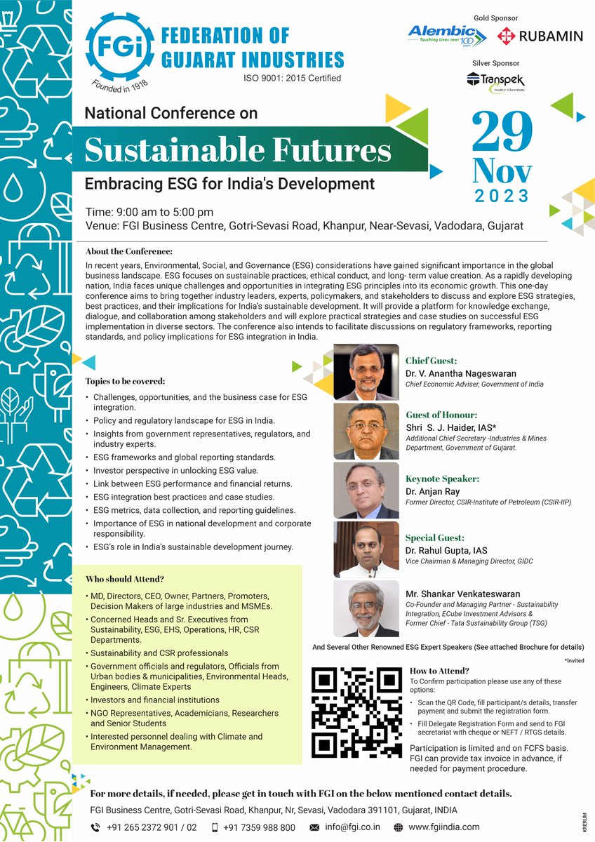 Join Us at the FGI National Conference on 'SUSTAINABLE FUTURES: Embracing ESG for India's Development' Date: Wednesday, 29th November 2023 Venue: FGI Business Centre, Sevasi, Vadodara, Gujarat. #FGINationalSustainableFuturesConference2023 #FGIConference #SustainableFutures