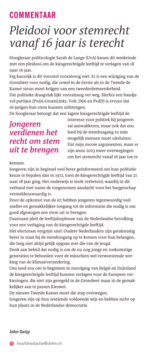 Opinie van @Geijpj <a href="/dvhn_nl/">Dagblad van het Noorden</a> over stemrecht voor #jongeren vanaf 16 jaar: Jongeren zijn tegenwoordig veel beter geïnformeerd. En de vergrijzing maakt dat de stem van ouderen onevenwichtig zwaar telt. ⬇️