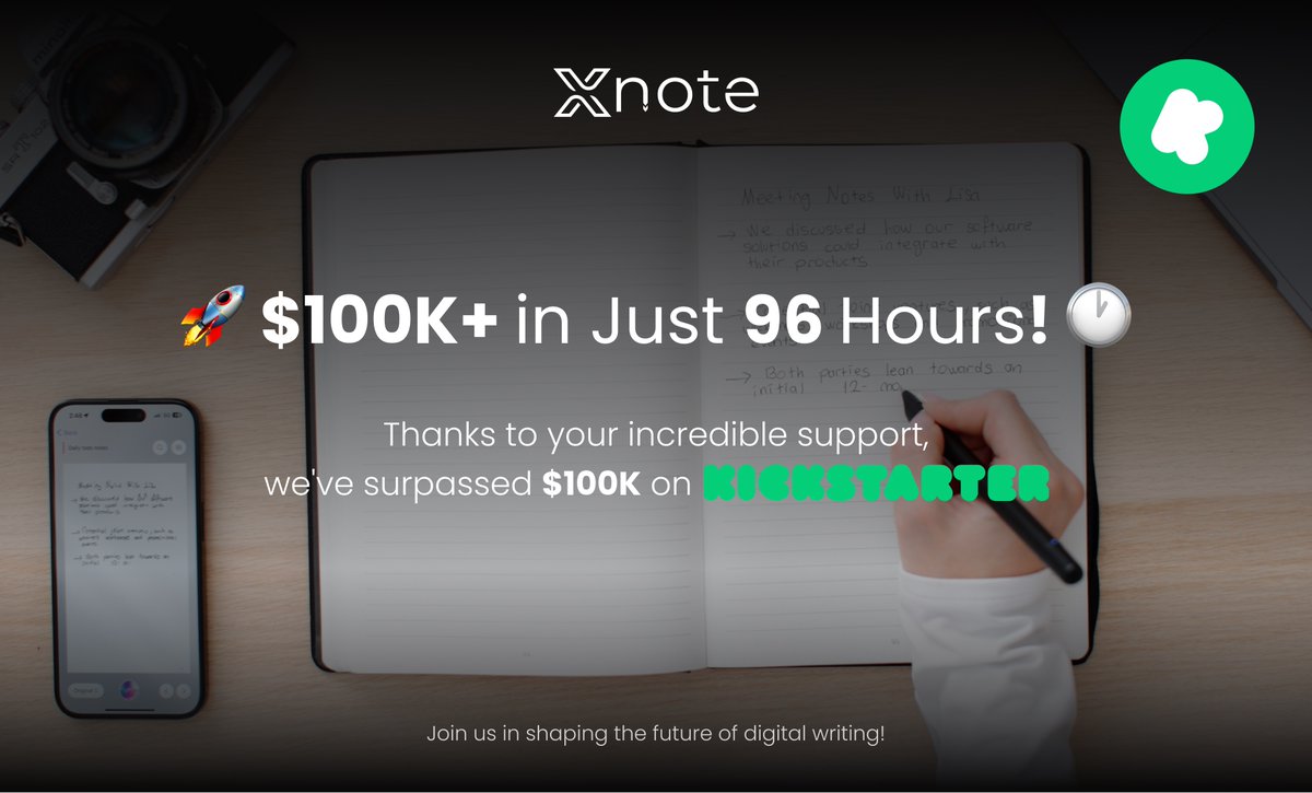 XNote_AI's tweet image. We&apos;ve done it! 🎉🌟 We have rocketed past $100K on Kickstarter in under 96 hours! Huge thanks to our amazing backers for believing in us and joining this exciting journey. We will be writing the future of digital note-taking! 🚀✨#XNote #Kickstarter

kickstarter.com/projects/xnote…