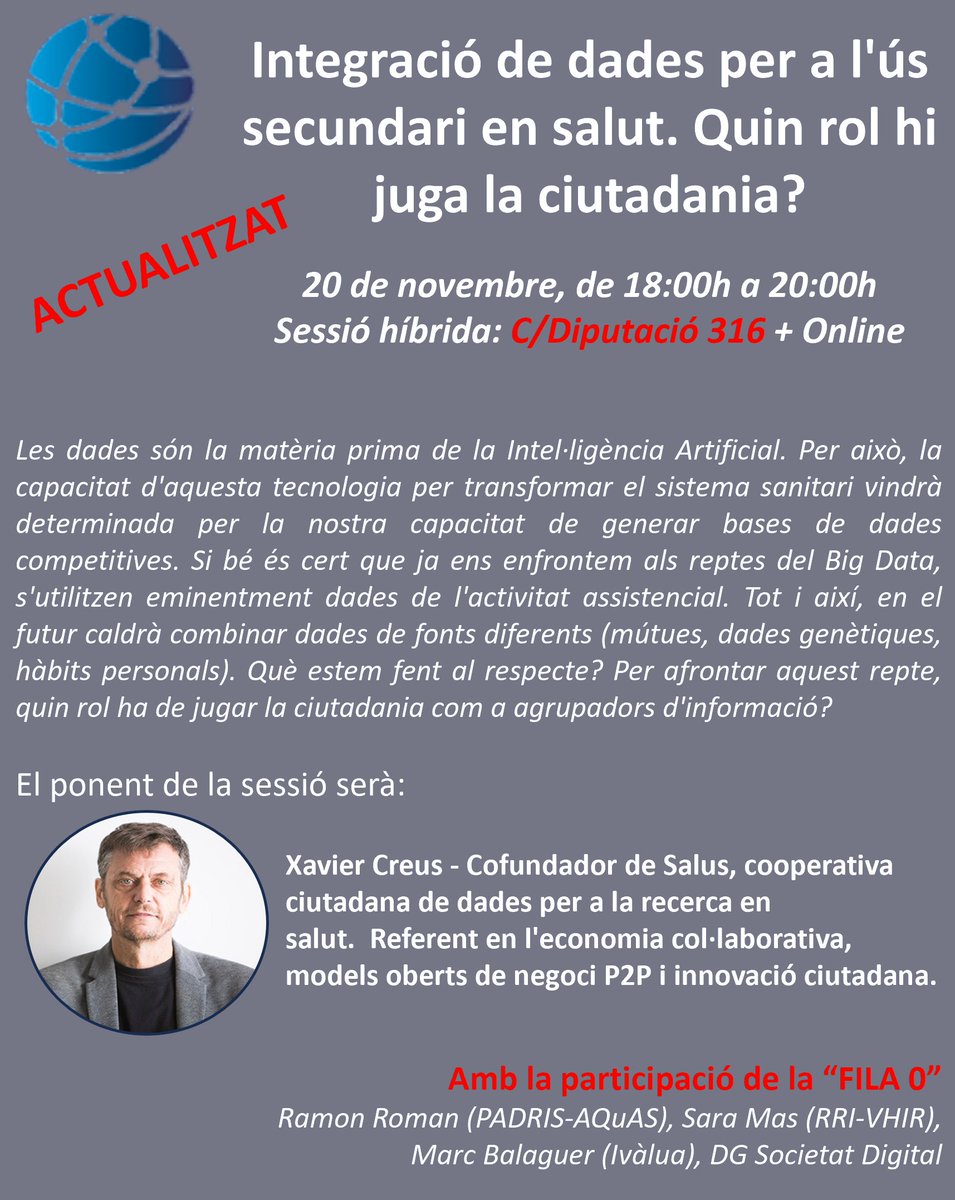 SCSD (@scsalutdigital) on Twitter photo ❗️Actualització❗️Incorporem una "Fila 0"🔝amb experts que replicaran la presentació de <a href="/javicreus/">javi creus</a> sobre <a href="/SalusCoop/">Salus.Coop</a> i el rol del ciutadà en la integració de dades per a l'ús secundari en salut. Properament anunciarem + convidats!📱Registre: shorturl.at/deIT2 ❗️Actualització❗️Incorporem una "Fila 0"🔝amb experts que replicaran la presentació de <a href="/javicreus/">javi creus</a> sobre <a href="/SalusCoop/">Salus.Coop</a> i el rol del ciutadà en la integració de dades per a l'ús secundari en salut. Properament anunciarem + convidats!📱Registre: shorturl.at/deIT2