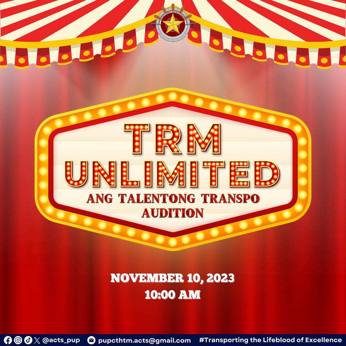 acts_pup's tweet photo. Mga Ka-Transpo! If you have a knock of talent in singing ๐ค, dancing ๐, acting ๐ญ, and in anything else then this is your time to shine.
ACTS will be holding a physical audition for the talented students of BSTRM on ๐ก๐ผ๐๐ฒ๐บ๐ฏ๐ฒ๐ฟ ๐ญ๐ฌ, ๐ฎ๐ฌ๐ฎ๐ฏ at ๐ญ๐ฌ:๐ฌ๐ฌ ๐๐ .
#PUPACTS https://t.co/PcVQSpNCkq