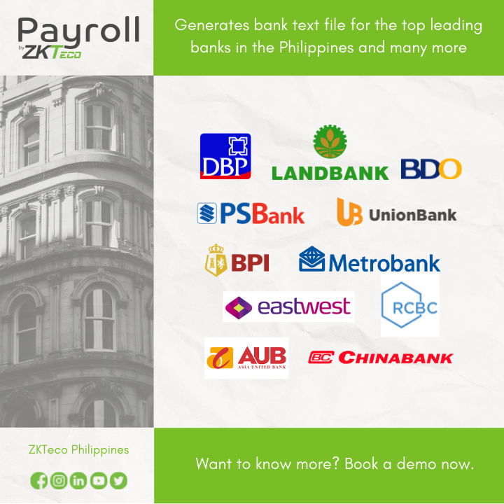 ZKTecoPH's tweet photo. Another great news: Export your bank file from #ZKTecoPayroll to the top leading banks and more.

Visit us https://t.co/9XMEUPDA2t

#PayrollBanks #BankTextFile #PayrollServices #payrollsystem #ZKTecoPayroll #ZKTeco https://t.co/vykjKnNVhR