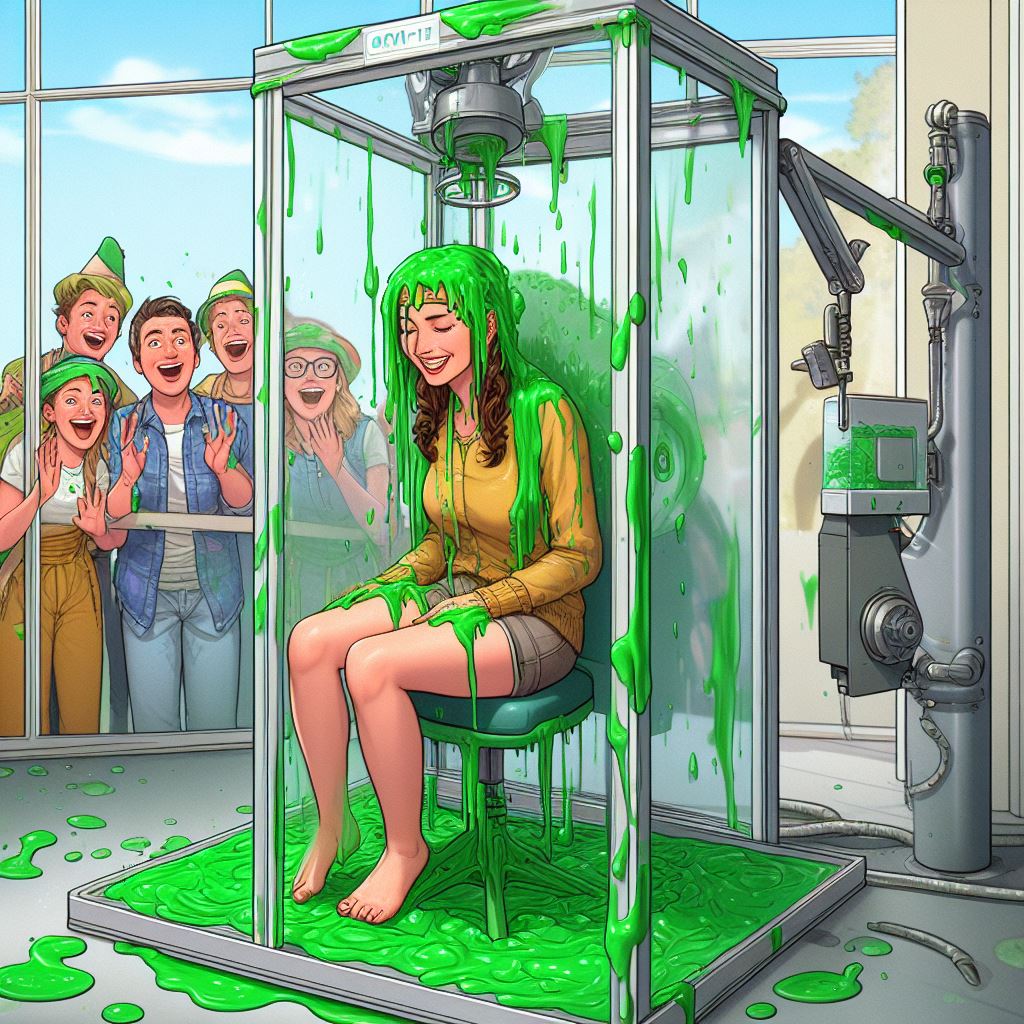 Messyaipics's tweet photo. I spent some time today trying to generate 'Gunge tank parties' where groups of friends get together to take turns getting gunged.

I like some of the generations, but I couldn't get it so that background characters had already been slimed. Just random green globs on them https://t.co/4tH5Cj6J9C