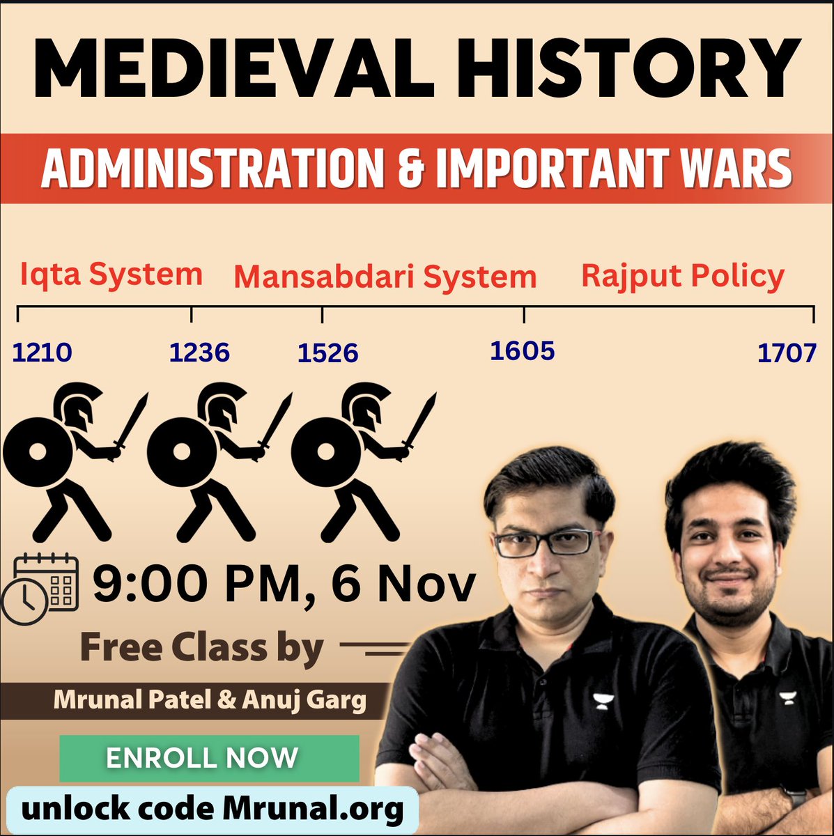 ⚔️ [Medieval History] Administration & Important Wars- 1 shot lecture with Powerpoint for UPSC

get ready tonight at 9PM with Me and @AnujGarg_AGC  sir

URL: unacademy.com/class/medieval… (🔖Unlock Code: 'Mrunal.org')