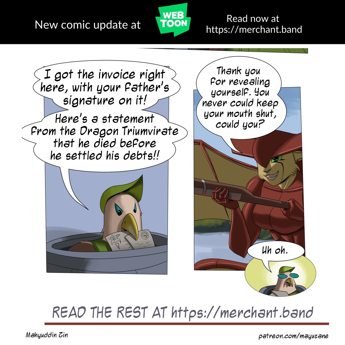 My fantasy adventure webcomic Merchant Band has updated!

Whoops

 webtoons.com/en/canvas/merc… #WEBTOON