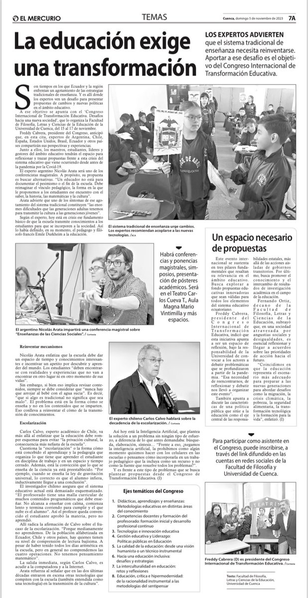 jplazaecu's tweet photo. 📢 La educación exige cambios. Un espacio para generar propuestas será el ‘Congreso de Transformación Educativa. Desafíos hacia una nueva sociedad’. 

Del 15 al 17 de Nov. lo organiza la @FFilosofiauc de la @udecuenca 

📍Usted puede inscribirse en: https://t.co/iTMaI2dbb6 https://t.co/b4rufq5PjZ