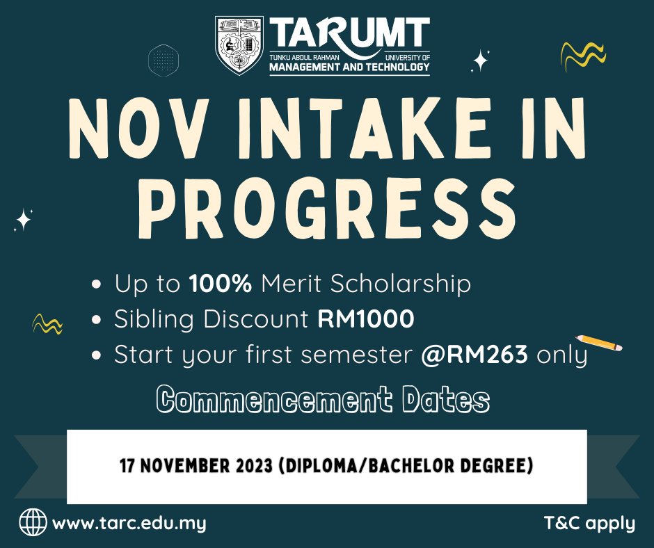 The November intake commencement date is in 2 weeks! Hurry and apply now so that you do not miss it! For more info and application, check out our website at tarc.edu.my/admissions/a/i… #intakes #November #application #tarumt #beyondeducation