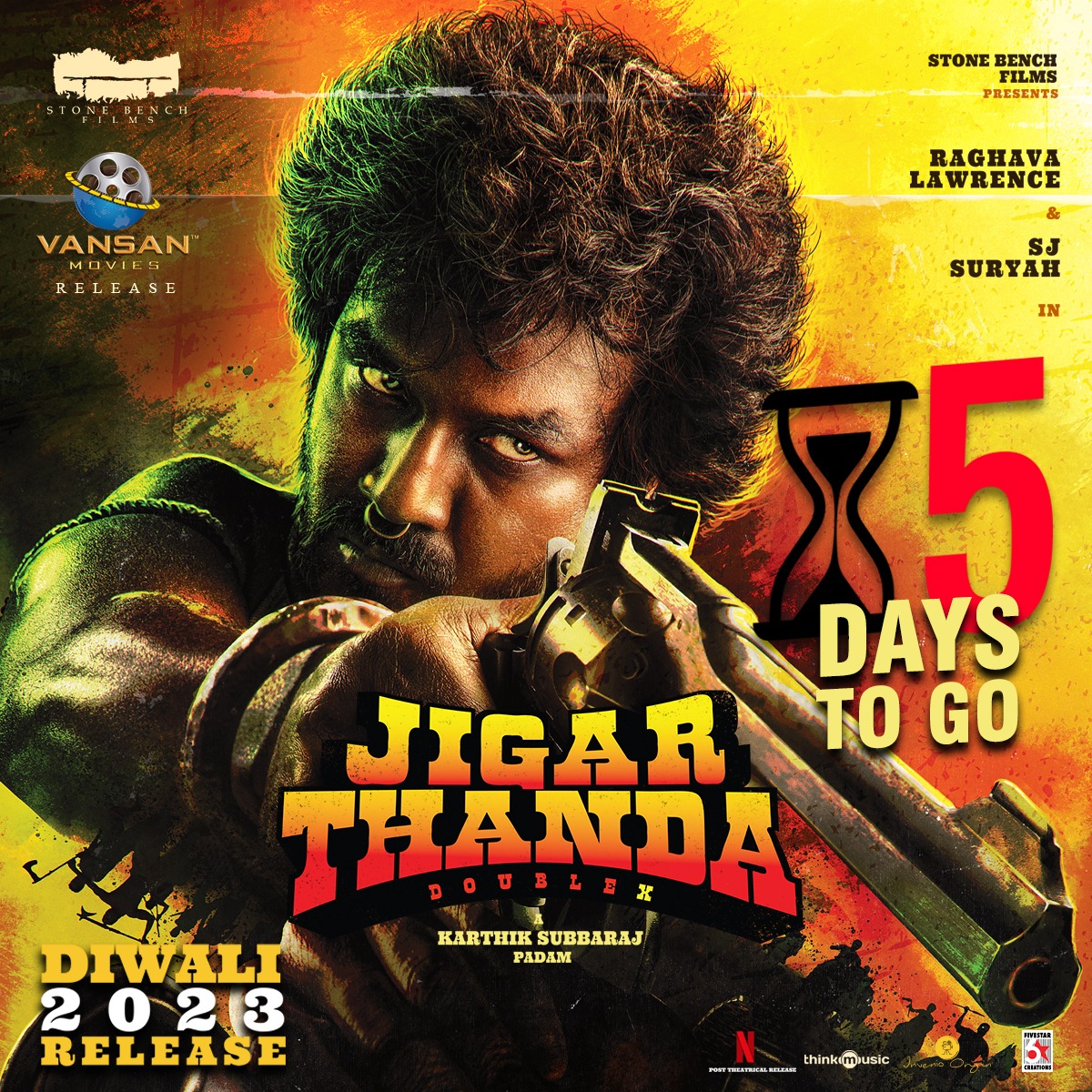 #JigarthandaDoubleX in cinemas worldwide in 5 days. Save this note — it’s a film everyone's going to appreciate. Karthik Subbaraj returns with a theatrical release after 4 years! 🔥