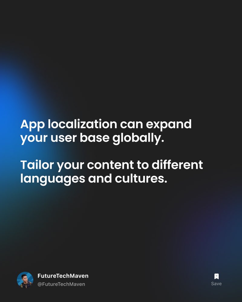 FutureTechMaven's tweet image. App localization can expand your user base globally. Tailor your content to different languages and cultures. ๐๐ฑ #AppLocalization #GlobalAudience