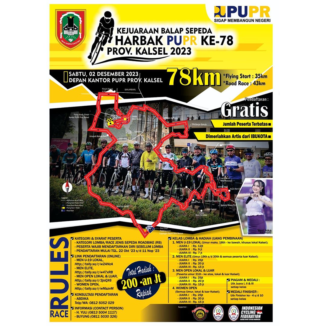 dpupr_kalsel's tweet photo. Ayooo Ikuti Kejuaraan Balap Sepeda Berhadiah Total 200- an Juta

#haribaktipu78tahun
#haribaktipu
#pemprovkalsel
#dinaspuprkalsel
#pupruntukbanua
#bergerak
#kalselbergerak
#kalimantanselatan
#kalselmaju https://t.co/q05ETlst4l