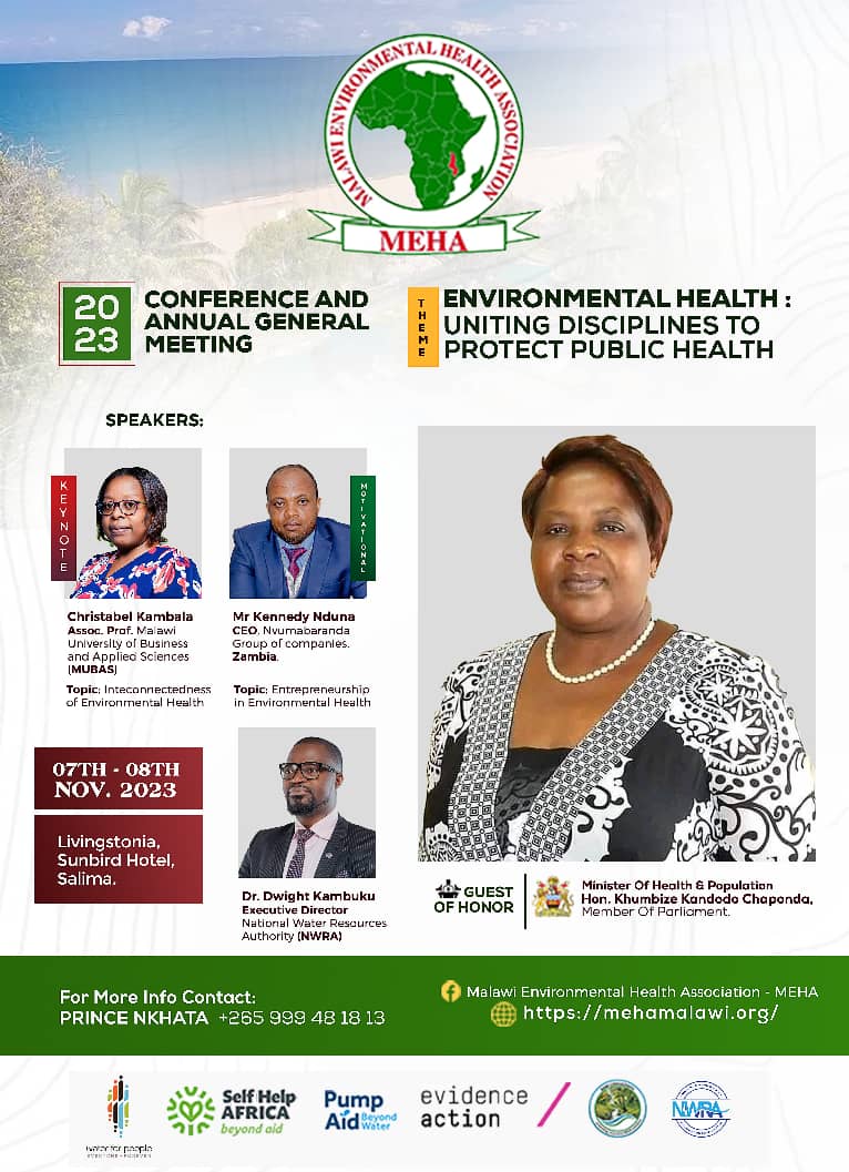 MEHA_Malawi's tweet photo. MEHA conference starts tomorrow!  @HonChiponda will grace the event. And @ZMEnvironHealth patriotic member the CEO of NVUMABARANDA has something great to share with #MEHA. @MUBAS. @NWRA @waterforpeople @selfhelpafrica @PumpAid @EvidenceAction https://t.co/aCiASAPHin