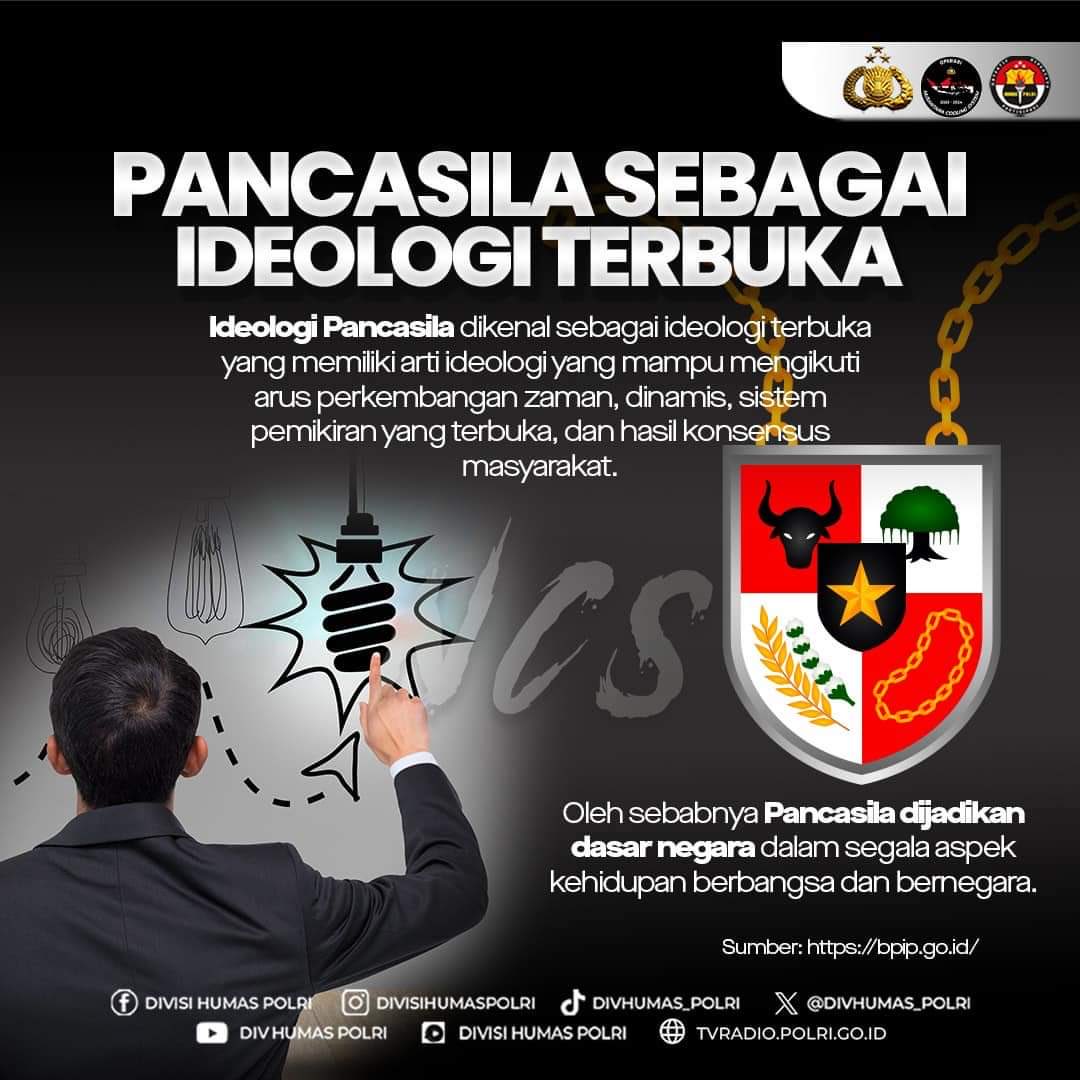 Humas_Kalikotes's tweet photo. Pancasila Sebagai Ideologi Terbuka Bersama Bersatu Selamanya

Ideologi Pancasila dikenal sebagai ideologi terbuka yang memiliki arti ideologi yang mampu mengikuti arus perkembangan zaman, dinamis, sistem pemikiran yang terbuka, dan hasil konsensus masyarakat. https://t.co/Ptm4KZ0mWb
