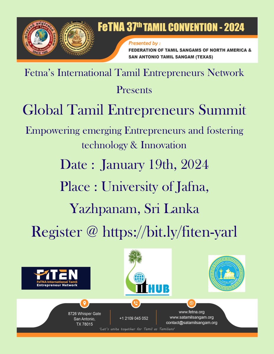 kthillai's tweet photo. For the first time FeTNA @fetnaconvention, University of Jaffna and Yazh IT come together to grow entrepreneurship in Yazhpanam. Please join us on Jan 19th 2024 to celebrate the innovation and entrepreneurship. #Fetna #Tamil #FITEN https://t.co/HQ5TlQSnav