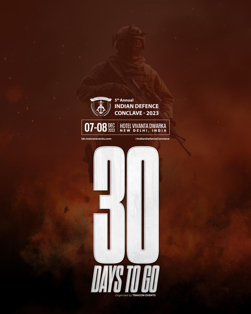 TraiCon_Events's tweet image. Countdown begins: 30 days to #IndianDefenceConclave!🚀 Gear up for a convergence of minds, technology, and innovation dedicated to India&apos;s defence horizon. Get ready to witness the future unfold at idc.traiconevents.com

#DefenceConclave2023 #FutureOfDefence #ModernDefenceTech