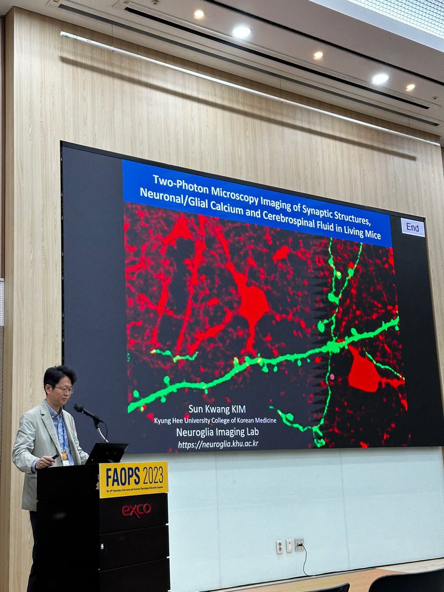 skkim77's tweet photo. Very happy to succeed our imaging symposium with my friends &amp; famous microscopy/imaging experts, @ValentinNagerl, Prof. Hiroaki Wake &amp; Prof. Young-Min Hyun at the @faops2023 congress, #Daegu, #SouthKorea! https://t.co/BL5s8R2kj0