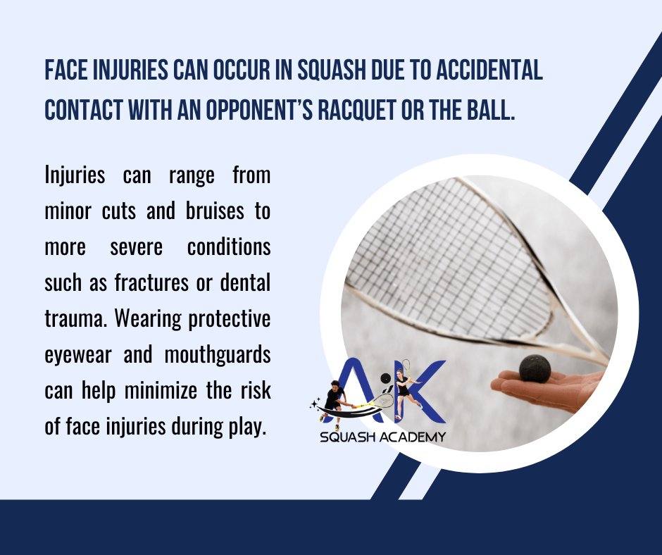 SofttekSolutio1's tweet image. Face injuries can occur in squash due to accidental contact with an opponent’s racquet or the ball.
For more information call me at  98104 39677 or email me at aaksquash@gmail.com
 #aksquashacademy #squash #squashacademy #squashplayer #squashinjury