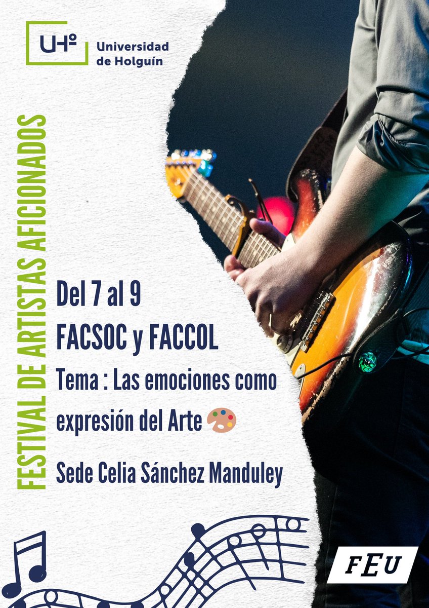 🤩 Próximamente la Facultad de Ciencias Sociales y la Facultad de Comunicación y Letras  de la <a href="/univholguinera/">UniversidadHolguin</a> estará realizando su Festival de Artistas Aficionados de la FEU.

👉🏻Del 7 al 9 de noviembre, Festival de Artistas Aficionados de la FEU en nuestras Facultades. 

✊🏻❤️🇨🇺