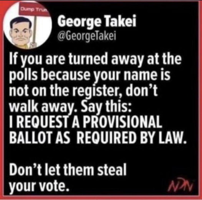 AnnieForTruth's tweet photo. Listen up folks…don’t let them steal your vote. Follow George’s advice…if your name does not appear on the register. Tell them…”I REQUEST A PROVISIONAL BALLOT AS REQUIRED BY LAW. “ Republicans are doing everything possible to prevent you from voting, such as purging names. 😡 https://t.co/sk41ZllZY0