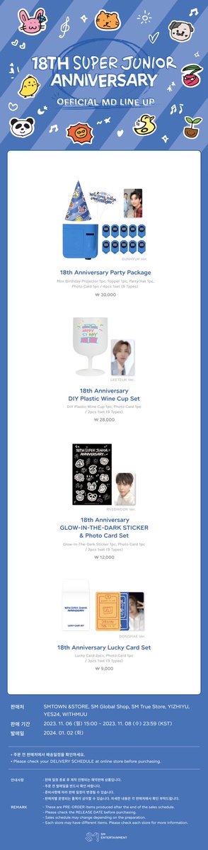 SJofficial's tweet photo. SUPER JUNIOR Debut 18th Anniversary 
OFFICIAL MD ONLINE SALES NOTICE 
▶ Sales Day 
2023. 11. 06 (MON) 15:00 ~ 2023. 11. 08 (WED) 23:59 [KST] 

▶ Online Store 
SMTOWN &STORE : https://t.co/LcipeQGPLX 
SM Global Shop : https://t.co/FjsVtLO8Ee 
SM True Store : https://t.co/44xLibHn7C 
YES24 : https://t.co/PdzDQ0xBcl  
YIZHIYU : https://t.co/03M7BqBGW0  
WITHMUU : https://t.co/vR9KoeWbgt