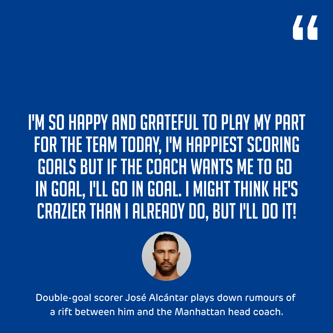 ManhattanNYFC's tweet photo. Double-goal scorer Jośe Alcántar plays down rumours of a rift between him and the Manhattan head coach. https://t.co/OaS8QeJ4W4