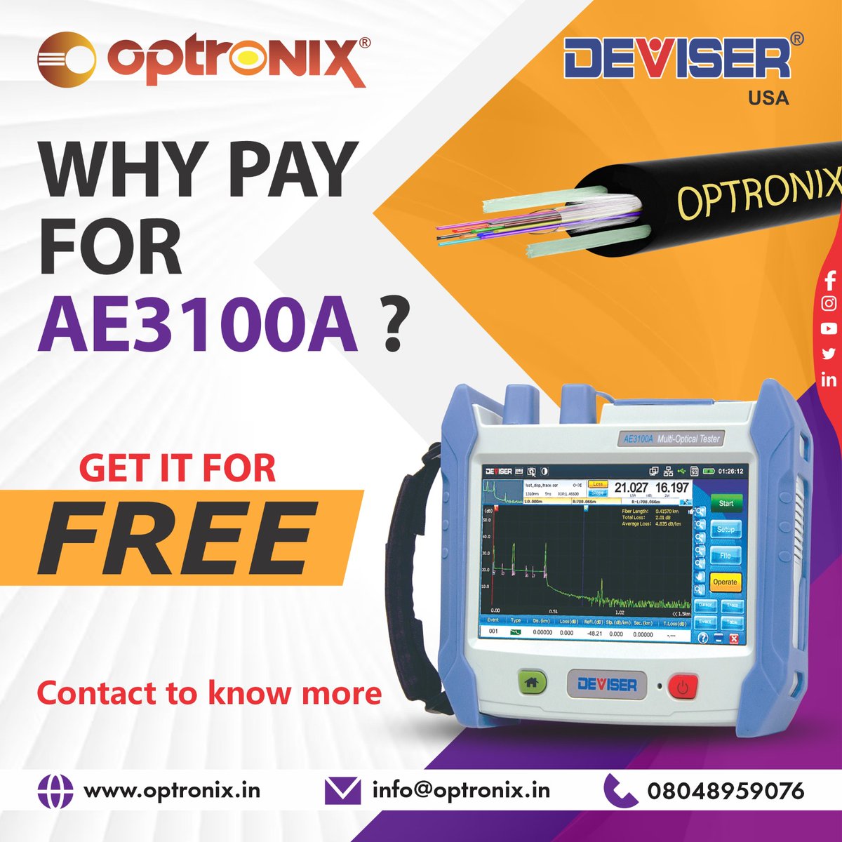 candid_optronix's tweet photo. WHY PAY FOR #DEVISER A3100A #OTDR?
.
.
> GET IT FOR FREE
>For Product Info. - https://t.co/h6KLLuu4gt
.
.
#DiwaliBusinessBoost #OptronixFiberCable #candidoptronix #DiwaliDhamaka #OptronixFiberCable #FestivalOfLights #splicingmachine  #fiberoptic #sumitomo #optronix  #fibertesting https://t.co/iiAasPNbN2