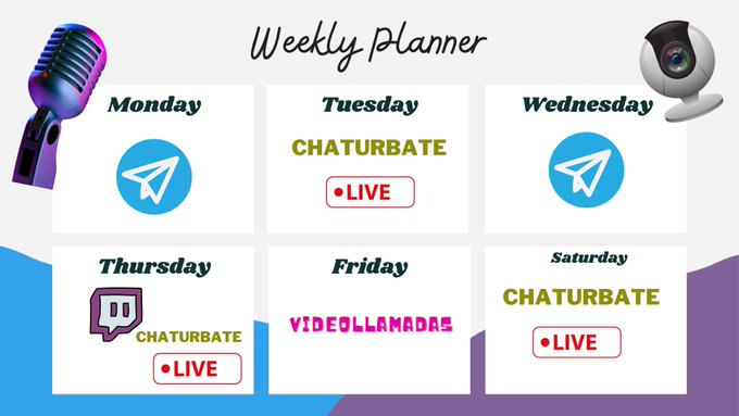 Chicos as&iacute; va a estar esta semana de contenido, vale?  Ya voy organiz&aacute;ndome mejor 😅 Espero verlos en<a href="/tag/stripchat"class="tags"><span>#stripchat</span></a><a href="/tag/stripchatlive"class="tags"><span>#stripchatlive</span></a>