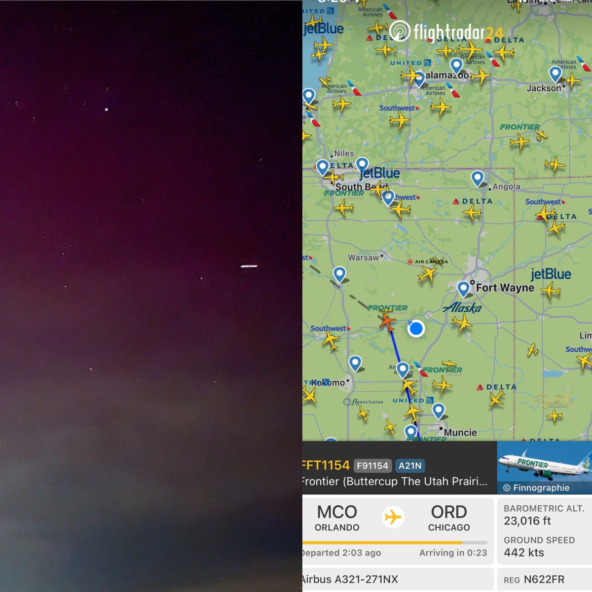 Northern Lights 11/05/23. An aviation angle as well. #northernlights #northernlightsphotos #indiana #huntingtonindiana #huntingtonindianaphotographer #shotoniphone #huntingtoncounty #huntingtoncountyindiana #iphone #frontierairlines #mco #ord @fly2ohare @flymco @flyfrontier