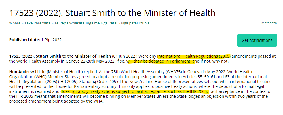 Why the lack of debate in Parliament to date? In approx 6 months the member states will have their final vote on both the IHR &amp; Pandemic Treaty. The process takes place behind closed doors. PS: sign &amp; share my petition petitions.parliament.nz/ba284b7f-84ca-…