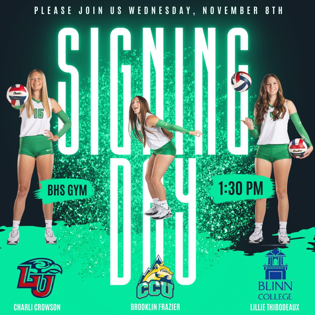 On Wednesday, please join us as three Brenham Volleyball players will be signing their National Letter of Intent.
